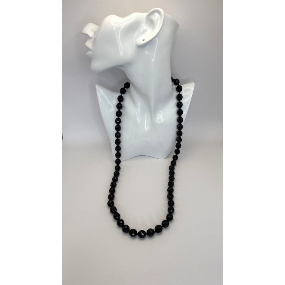 Vintage Retro Jet Black Faceted Glass Beaded Necklace 30" Estate Jewelry